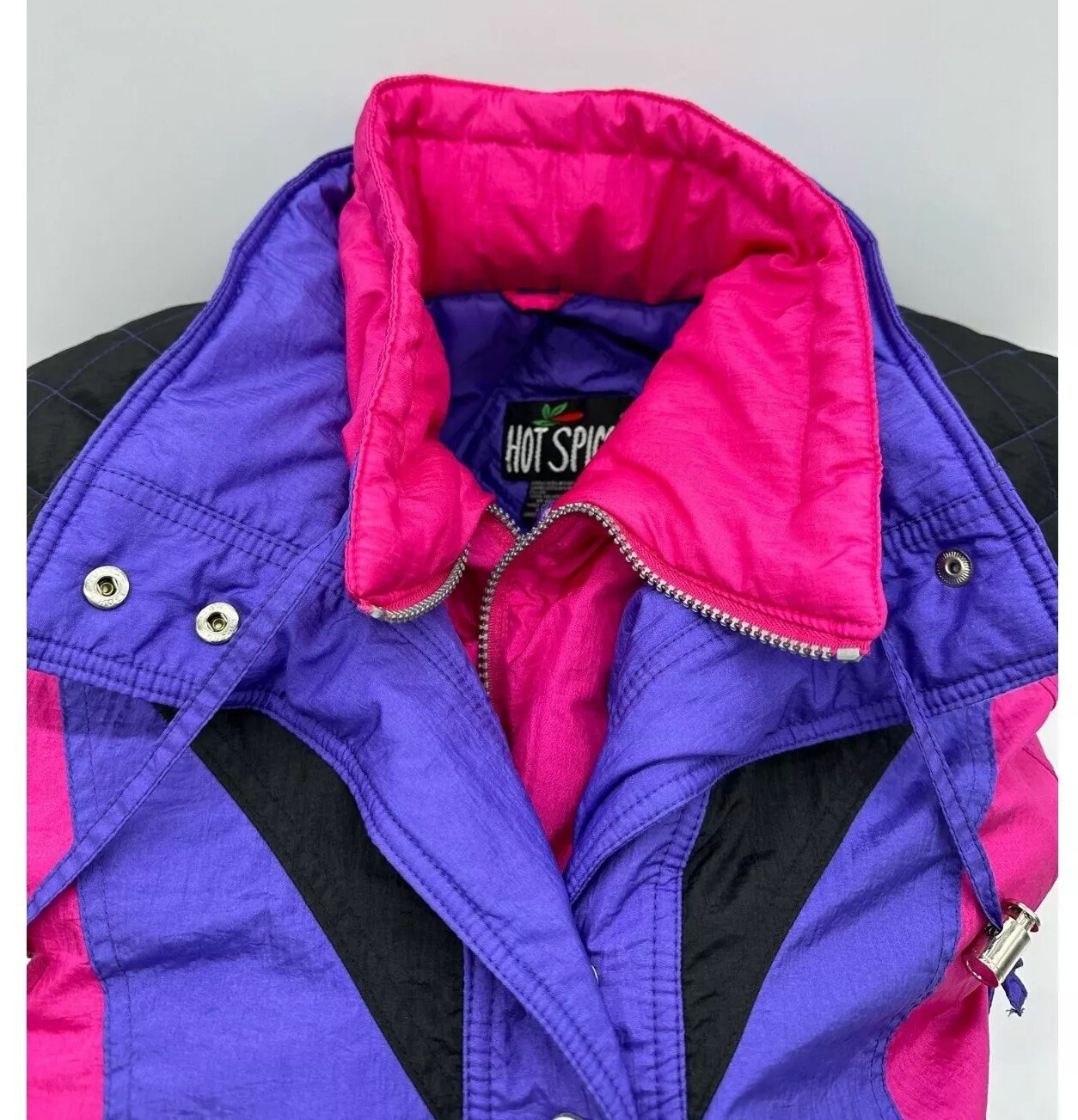 Vintage Puffer Coat Ski Jacket Puffy Color Block Pink Purple Black Large 1990s