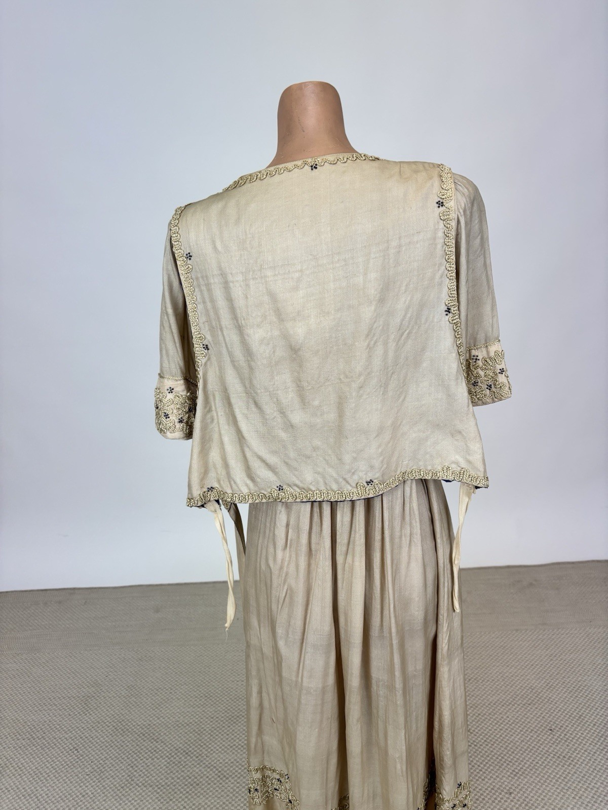 Antique Edwardian 1910s Beige Silk Day Dress Cording Blue Beads Wrap Bodice