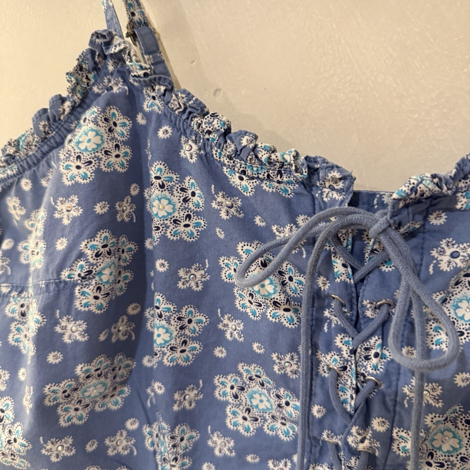 Vtg Y2K Corset Cami Top Coquette Beaded Cottagecore Delicate Lace-Up Festival L