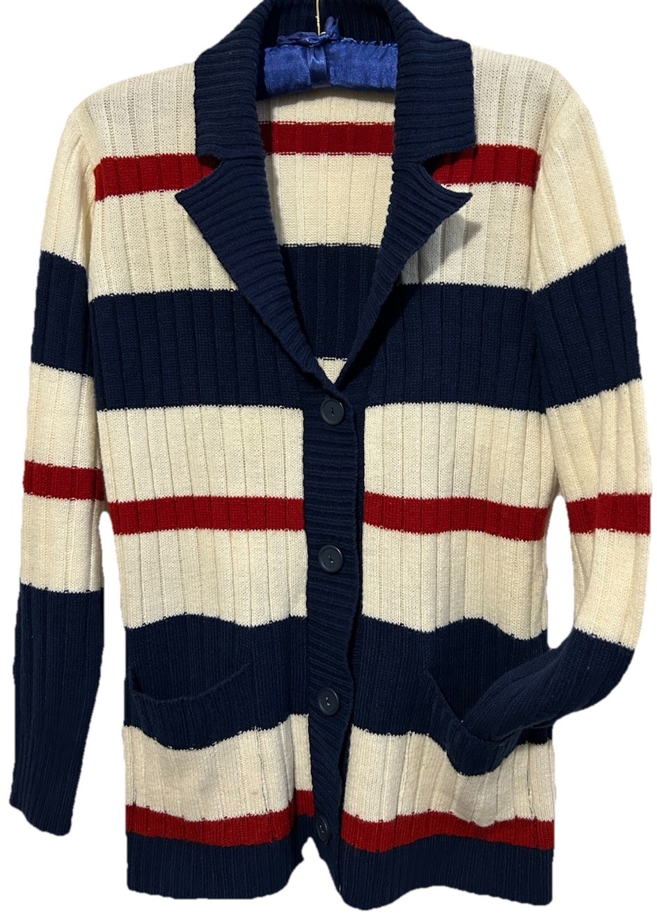 Vintage Kmart Sweater M Red White Blue Striped Button Down Pockets 70s Cardigan