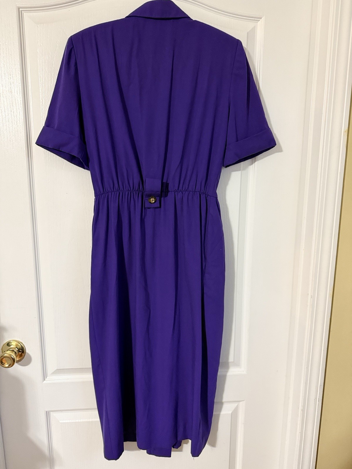 Vintage 80s Leslie Fay Purple Power Dress Gold Button Midi USA Womens 8