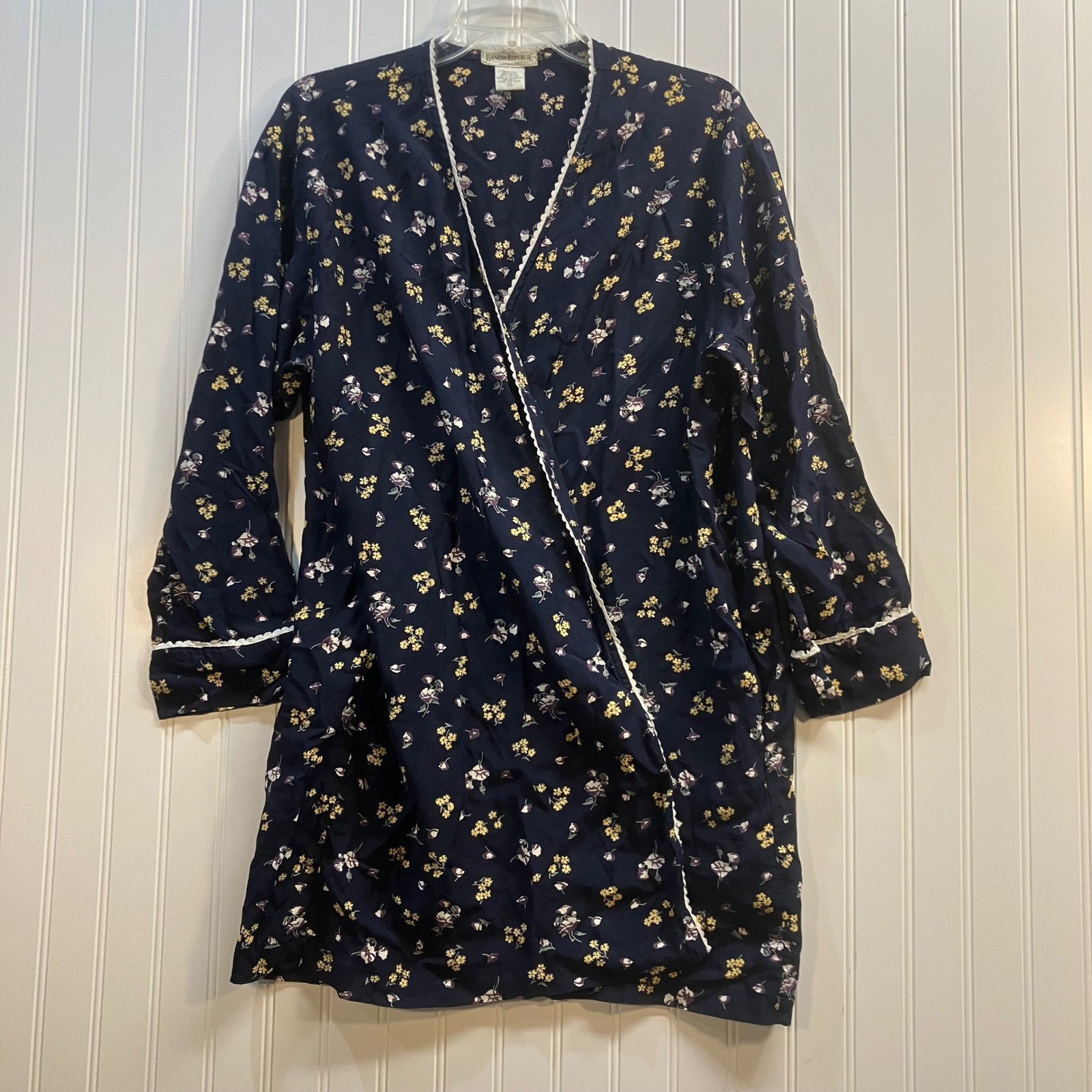 Vintage Banana Republic 1980s Navy Floral Wrap Dress Robe Medium Cottagecore