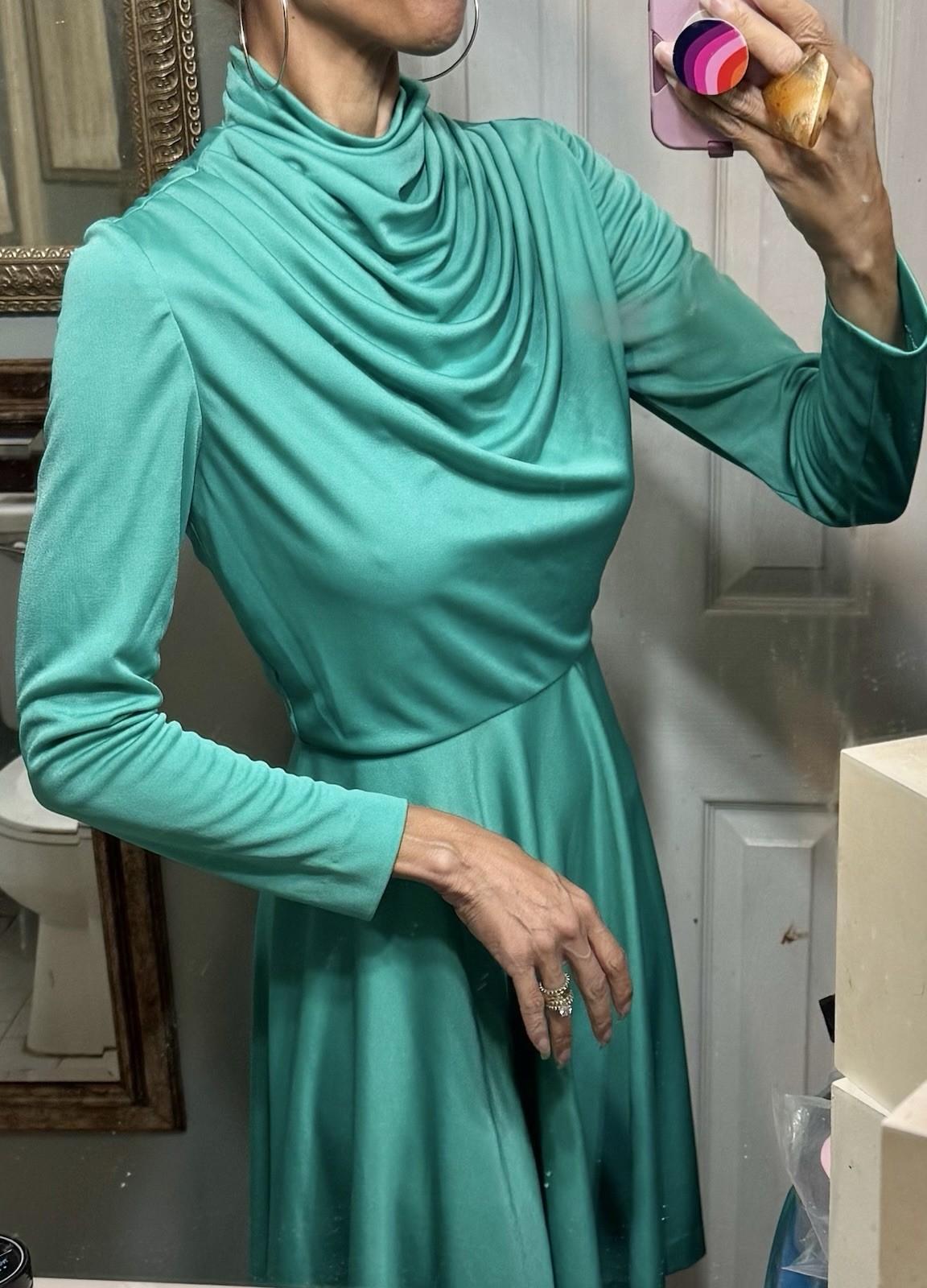 Vtg Lilli Diamond Green Cowl Grecian Draped Jersey Dress 60s Goddess LS XS S