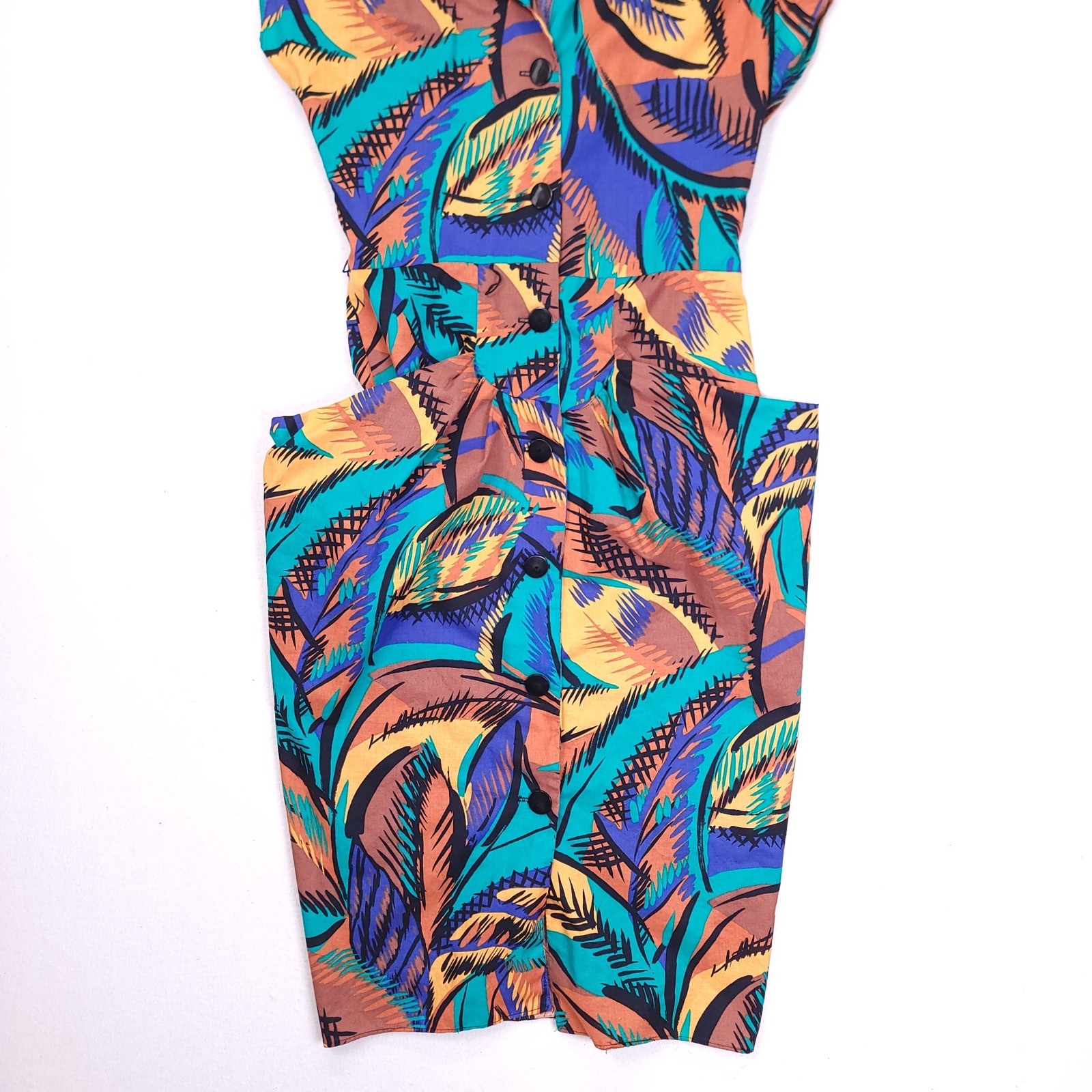 Vintage 80s Abstract Tropical Midi Dress Sleeveless Padded Shoulder Multicolor