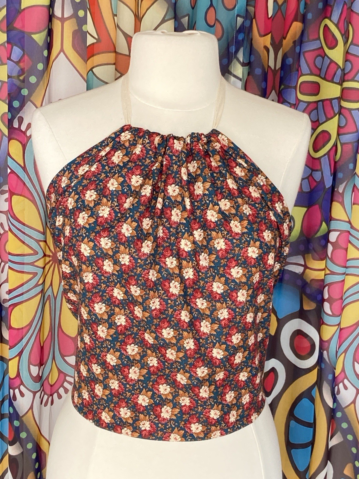 Vintage Red & Navy Floral Ditsy Calico Festival Hippy Halter Top M/L