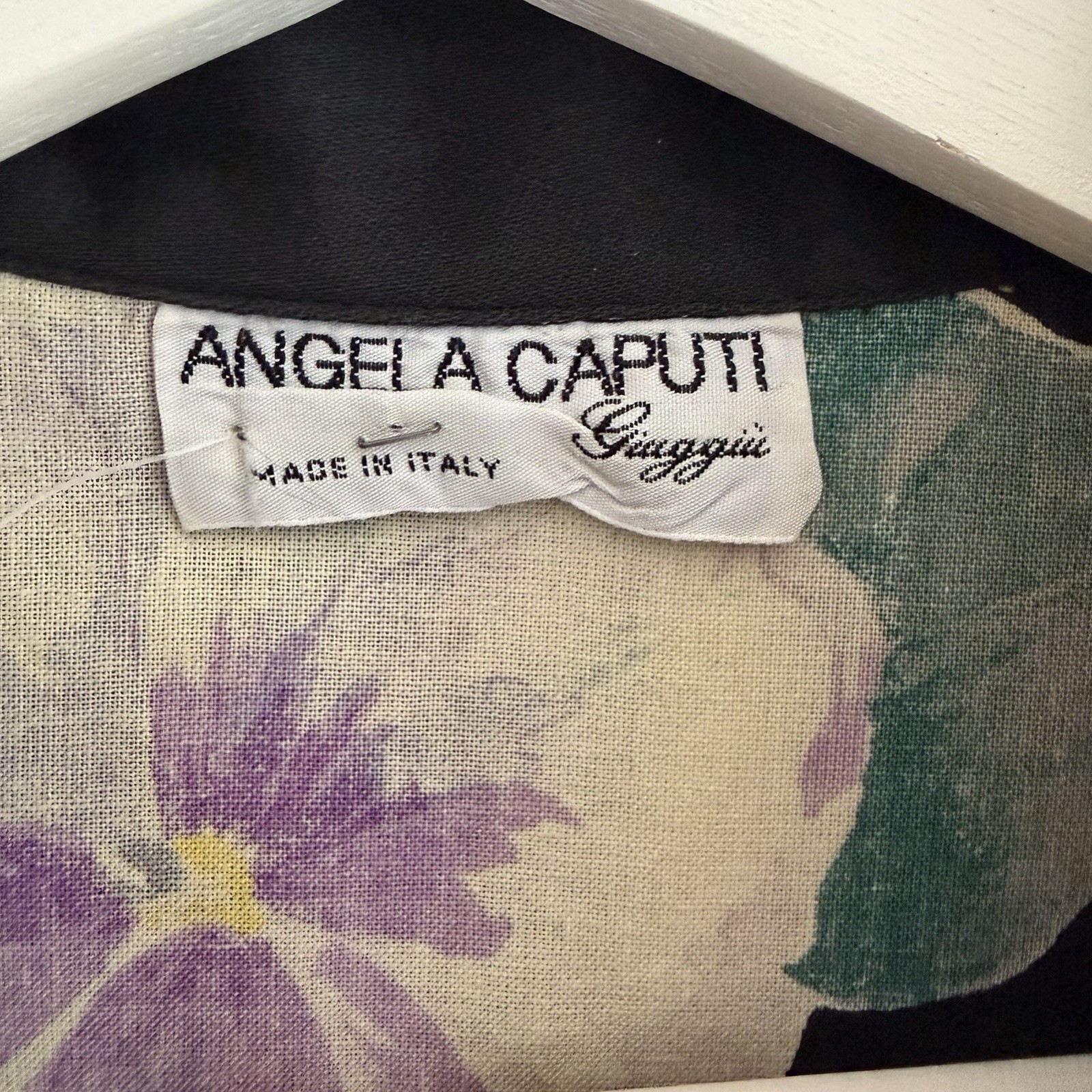 Angela Caputi Vintage Floral Shirt Dress Black Cotton Made in Italy L