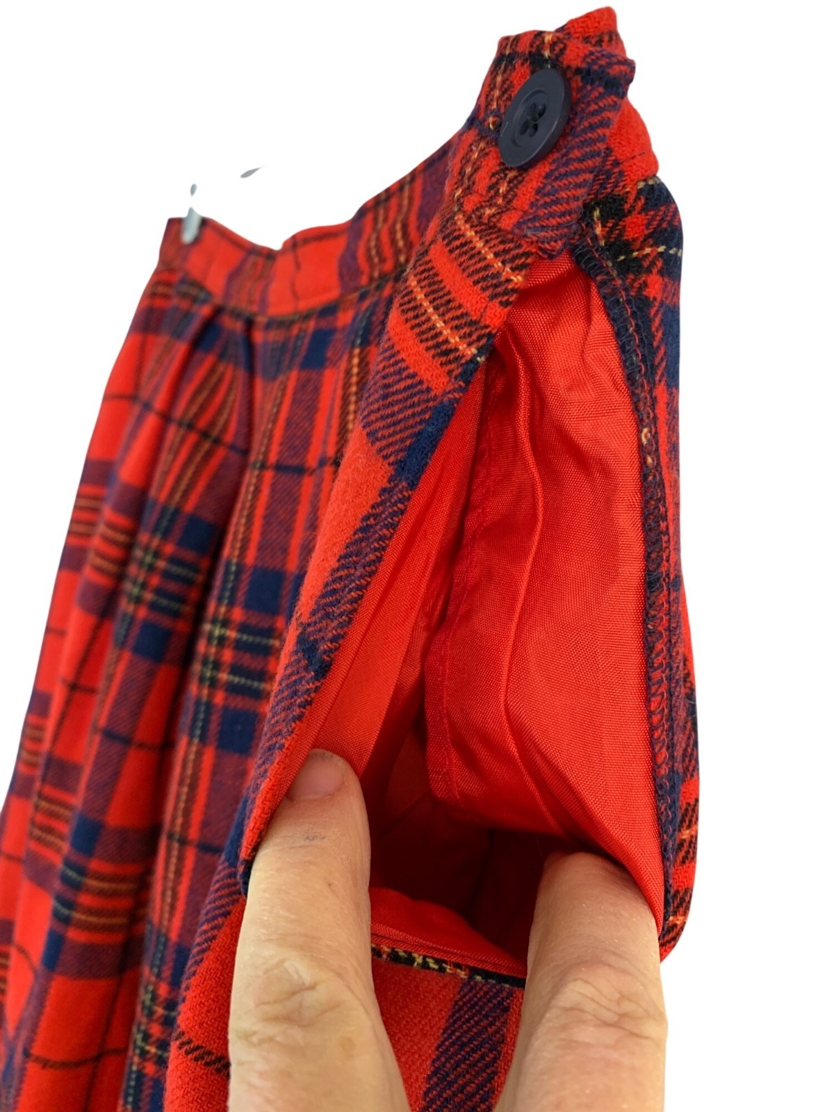 Vintage 70s Pendleton Red Leslie Tartan Wool Midi Skirt USA 10/12 Moth Holes