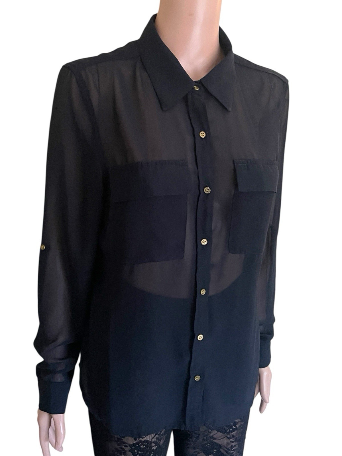 Black Sheer Chiffon Shirt LS Vintage Y2K Ted Lapidus France Designer Corp Goth L