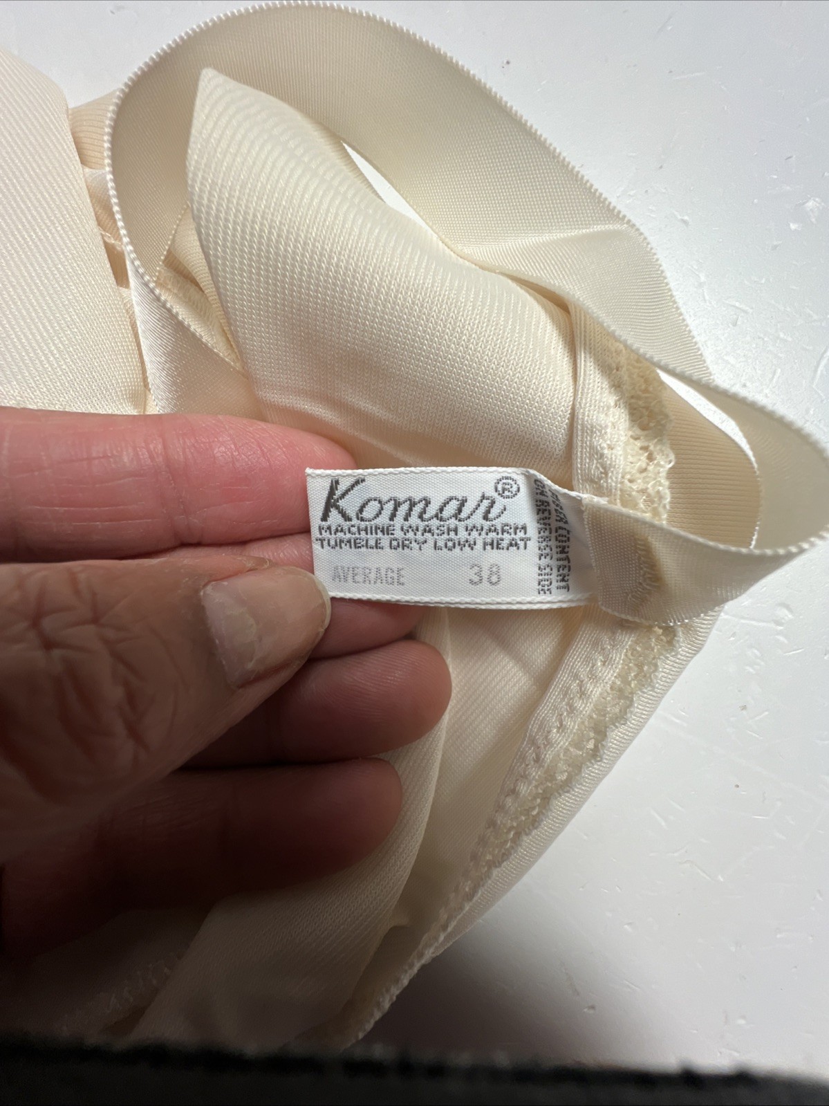 Vtg KOMAR Size 38 Average Tan Satin Nylon Slip Dress Wide Lace Trim Lined Y2K