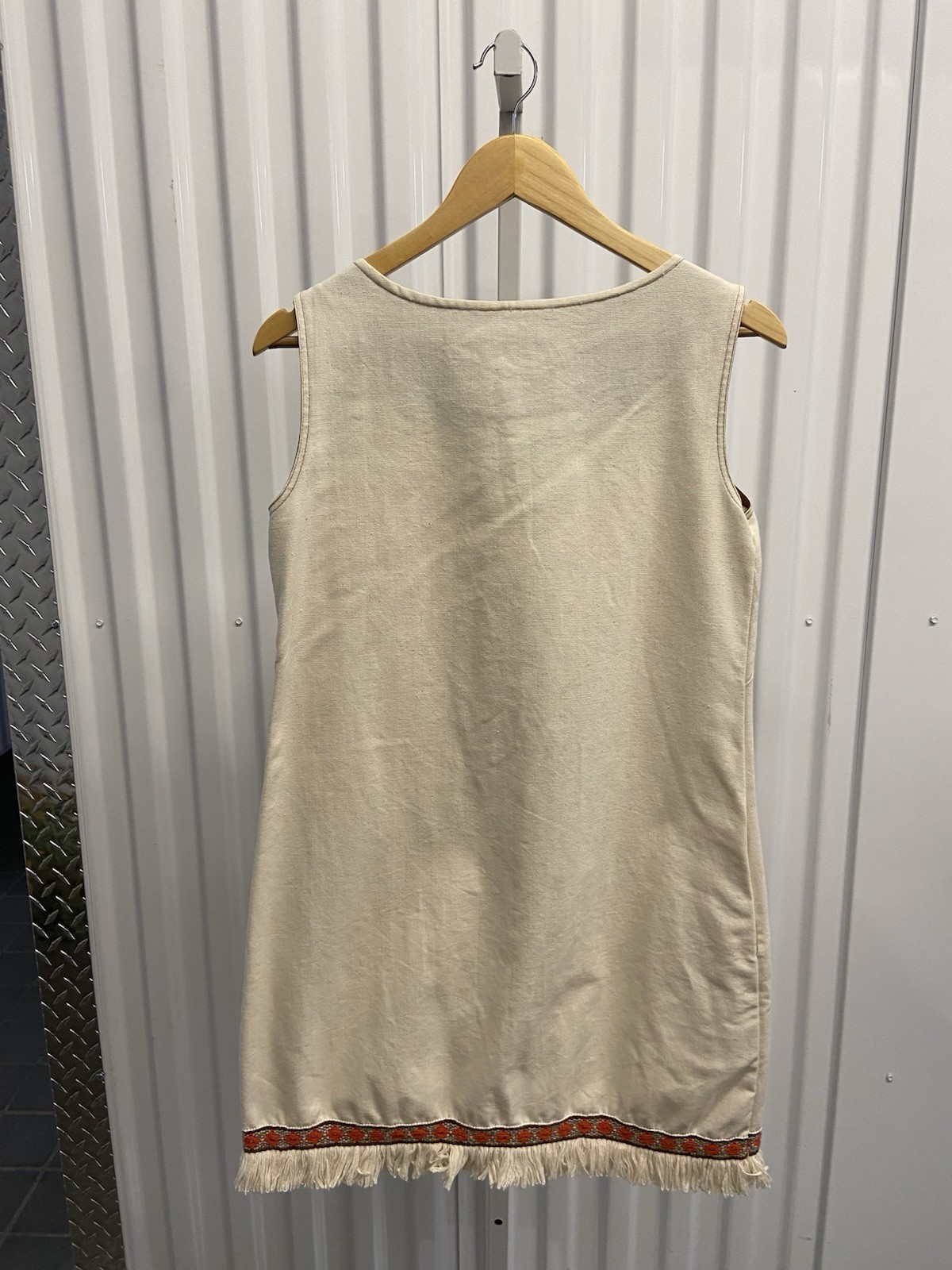 VTG 60s/70s Gilead White Beige Linen Embroidered Fringe Dress Shift Dress Sz M