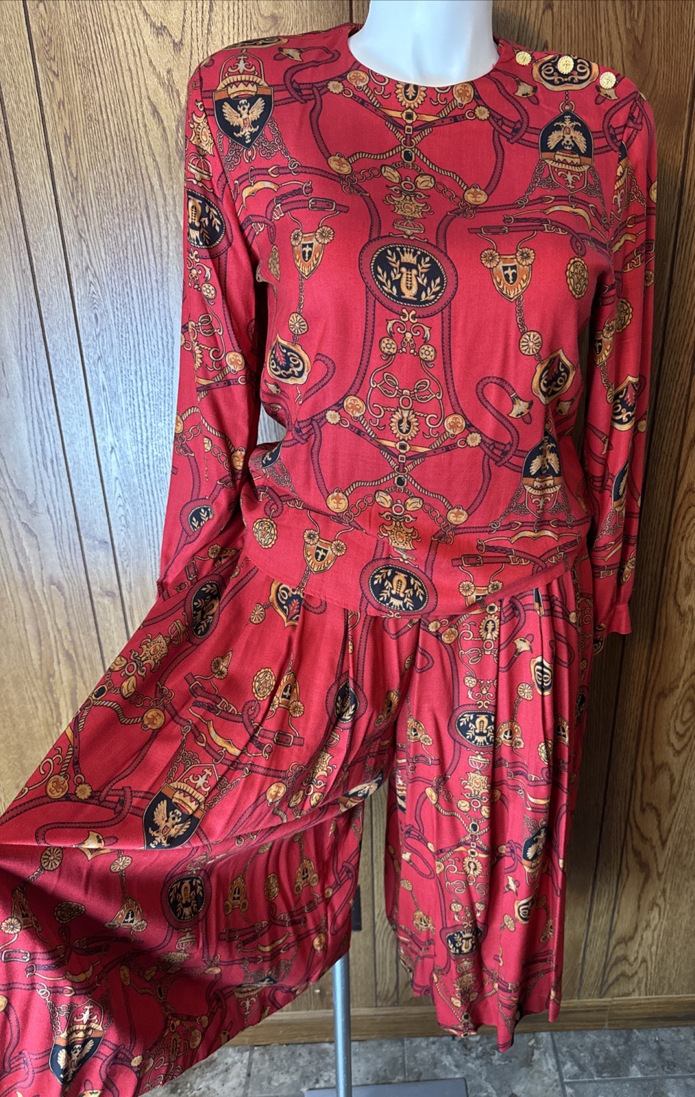 Vtg Leslie Faye Wide Leg Crop Culotte Pant & Blouse Set Equestrian Print 12P