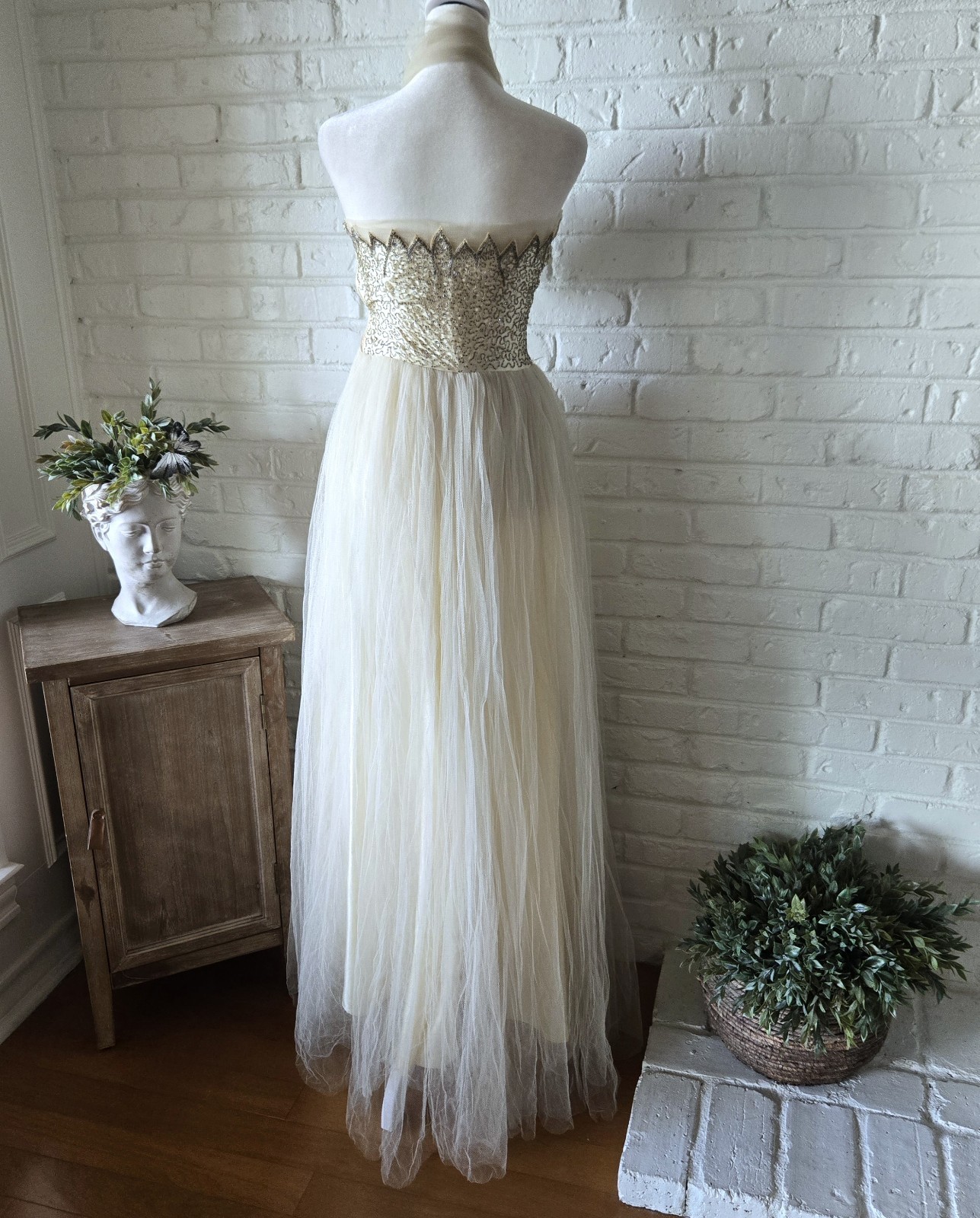 Vtg 1950s Ivory Tulle & Satin Embellished Gown, Party Dress, Wedding, XS/2