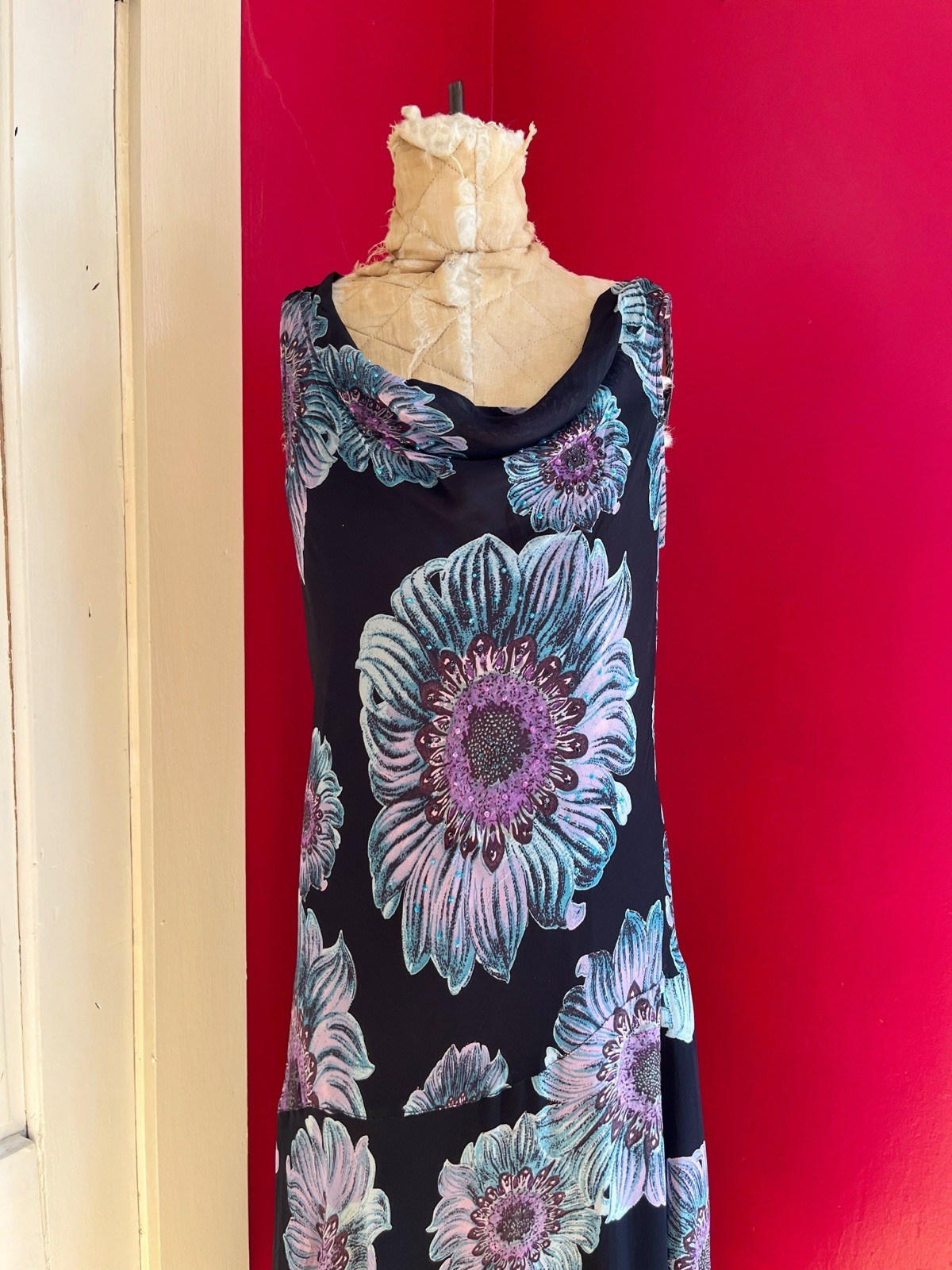 Vintage 1990s Black Chiffon Blue Purple Floral Print Grunge Cowl Neck Dress L