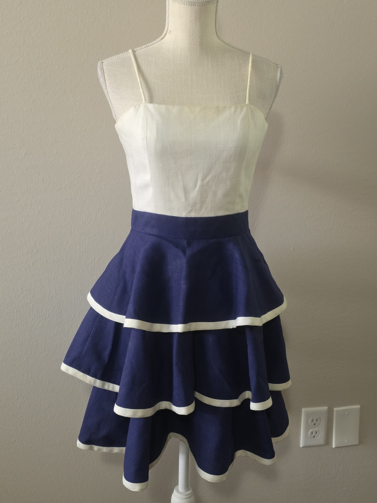 Vintage Fit & Flare Dress Size XXS Linen 80s Does 50s Tiered Ruffled Skirt Navy
