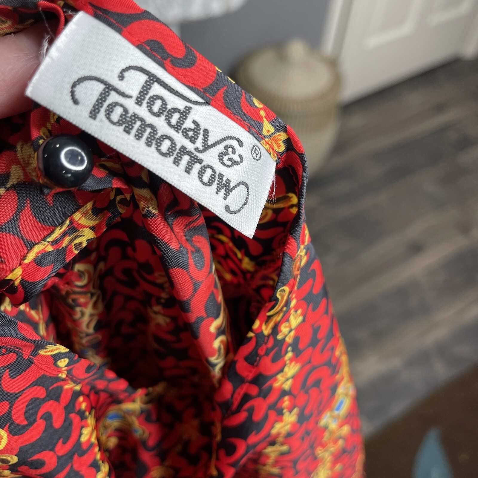 VTG Blouse Jewel Chain Print Secretary Granny floral Red 80s 90s Small