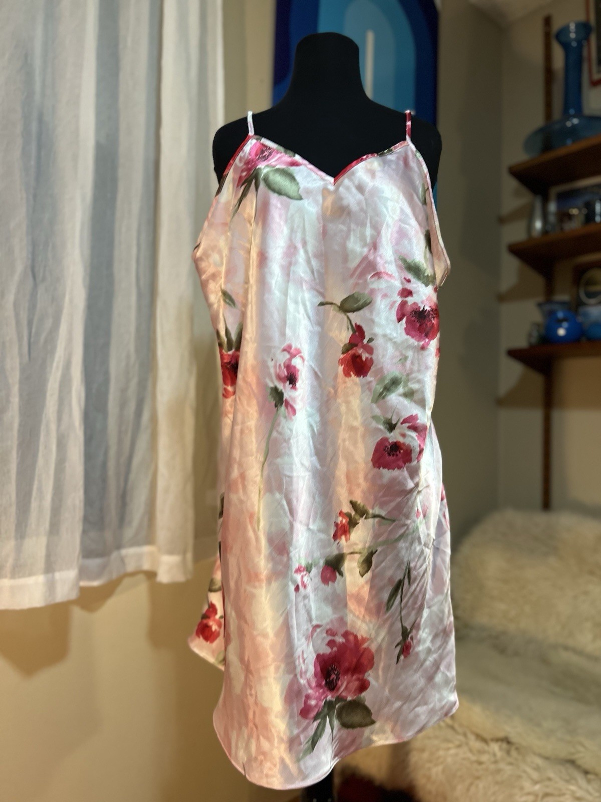 Vtg Gilligan & O’Malley Glossy Satin Slip Dress Pink Floral Nightgown XXXL