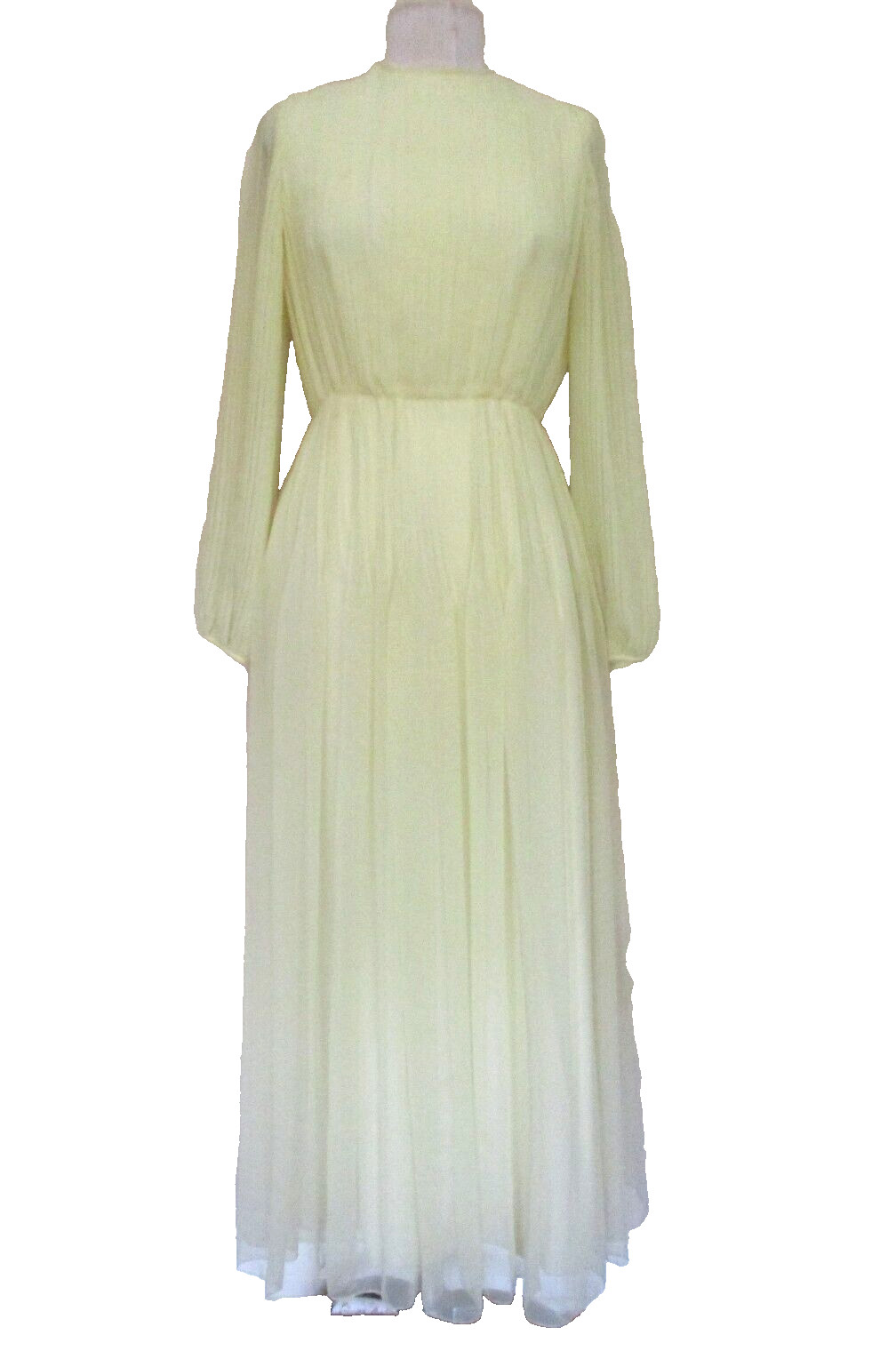 Vintage 70s Maxi Dress Evening Gown S Women Light Yellow Pleated Chiffon