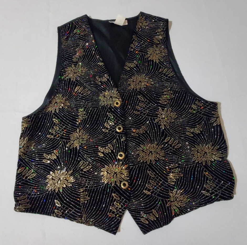 Vintage Impressions of California Women Vest Large Black Velvet Sparkly USA Made
