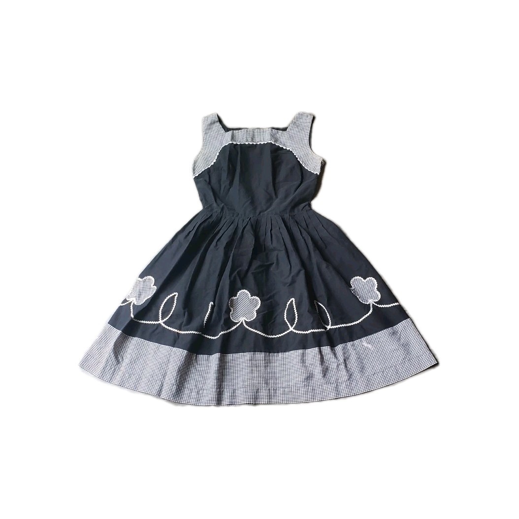 VTG 50s Black Gingham Rockabilly Dress Sz XS/S? Fit Flare Pinup Trad Wife DAMAGE