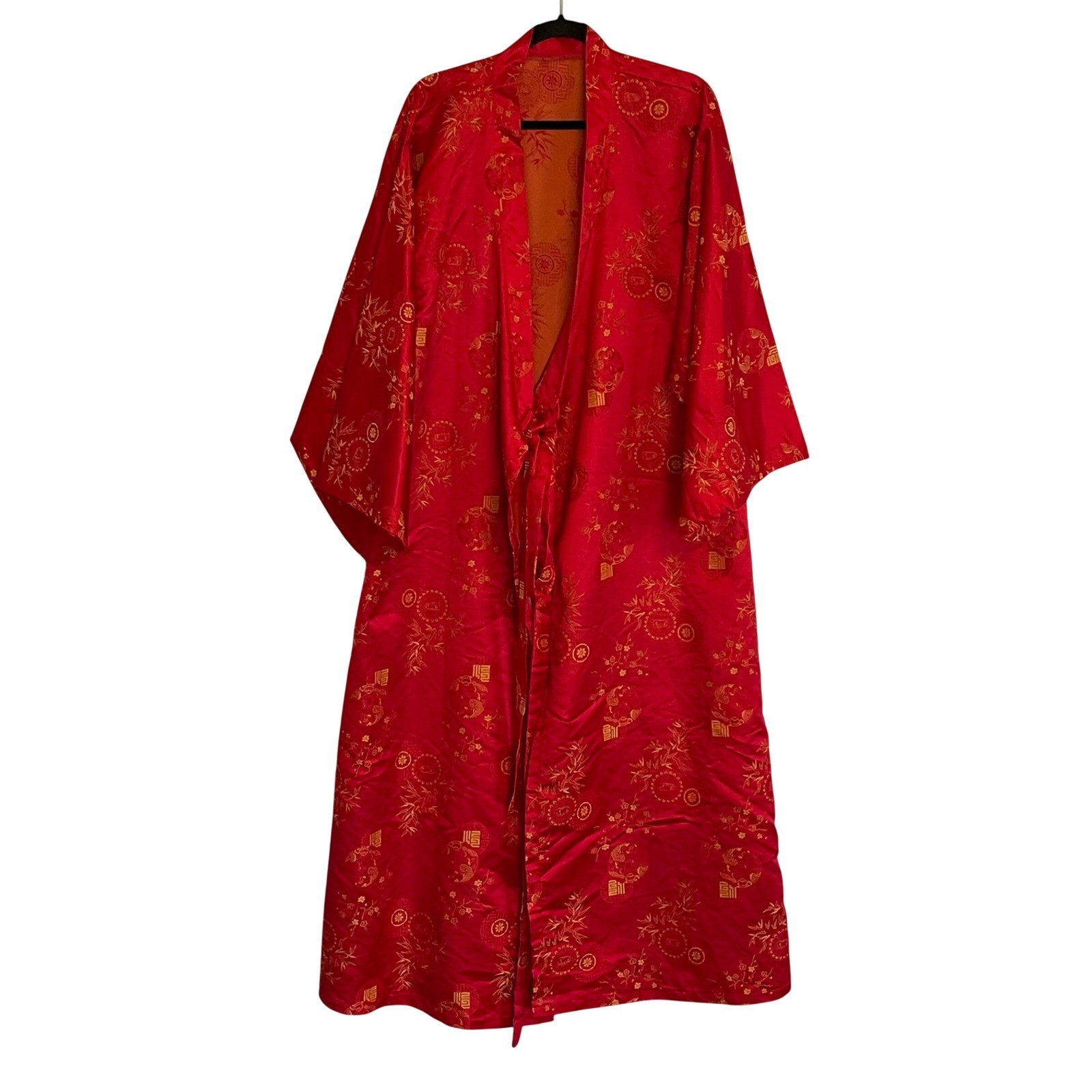 Vintage Red Gold Satin Jacquard Kimono Robe Maxi Duster Tie Waist Lined