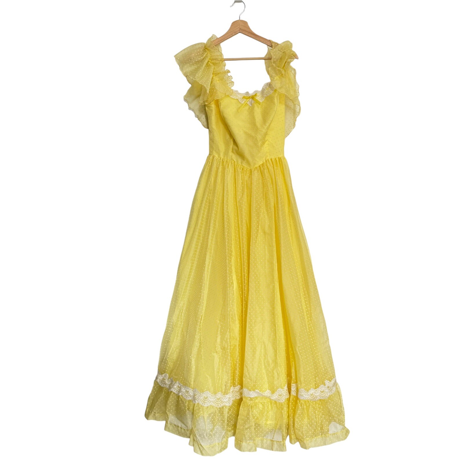 Vintage 70’s Sunflower Yellow A Line Maxi Dress Size S/M Prom Prairie Polka Dots