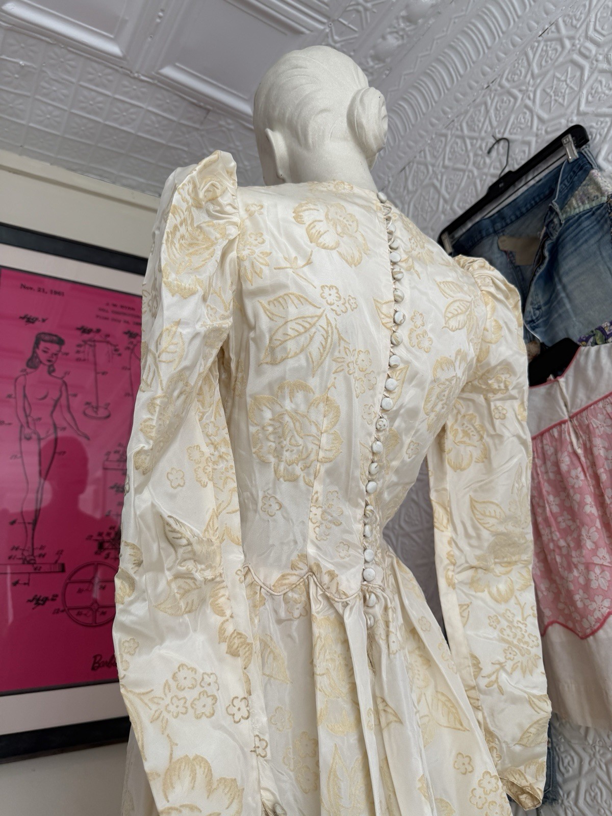Vintage 1930s wedding gown puff sleeve flocked floral ivory dress-antique bridal
