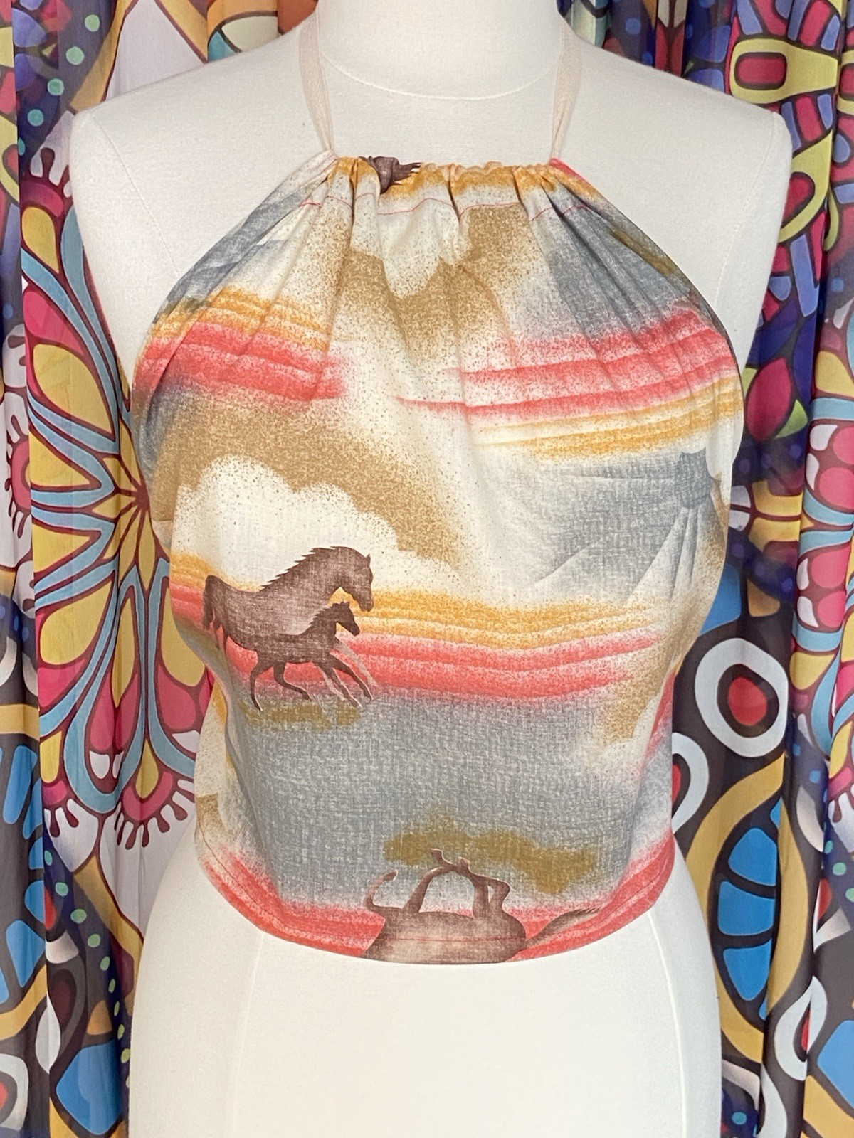 Vintage Cotton Pastels Horsey Print Festival Hippy Halter Top M/L