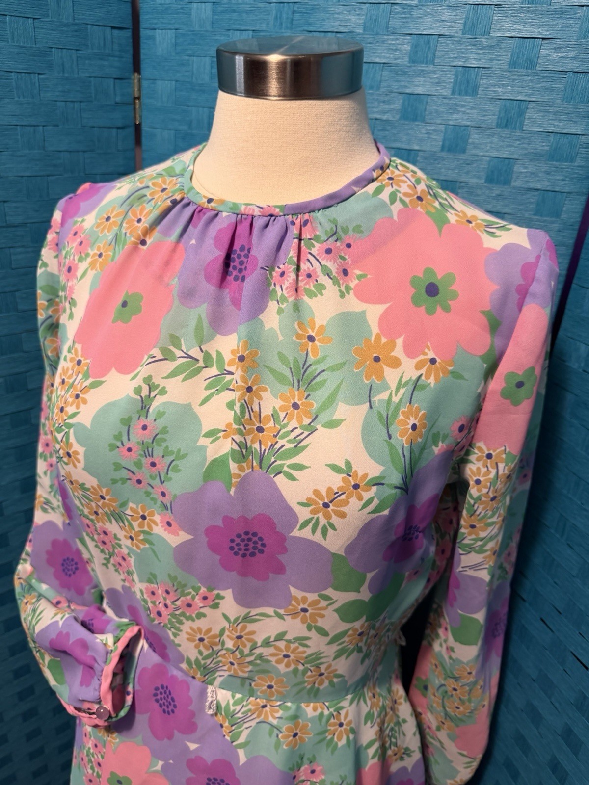 Vintage St. Michael 60s 70s Mod Flower Dress Long Sleeve Pastel Multi