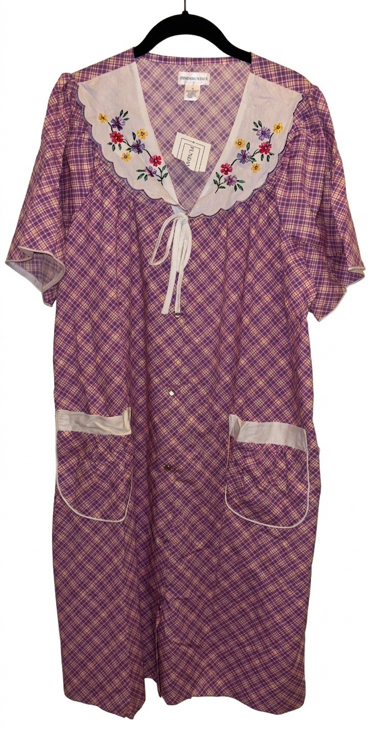 NWT Sears Fundamental VTG Housecoat Collared House Dress Plaid Snaps Pockets L