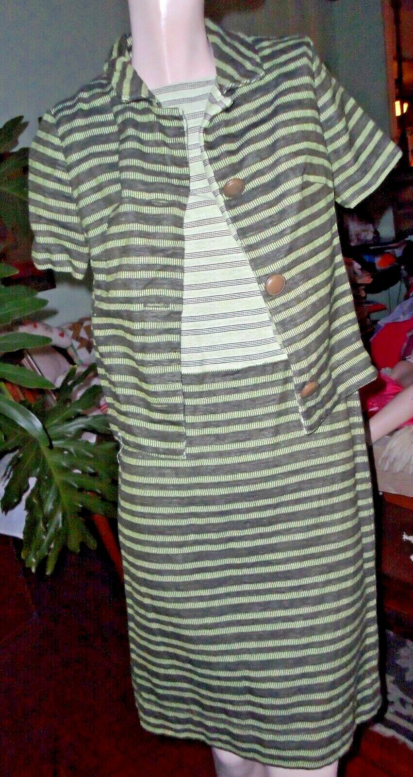 Dauphine sleeveless dress bolero jacket VTG 60’s 70’s green stripe 2 piece S/M