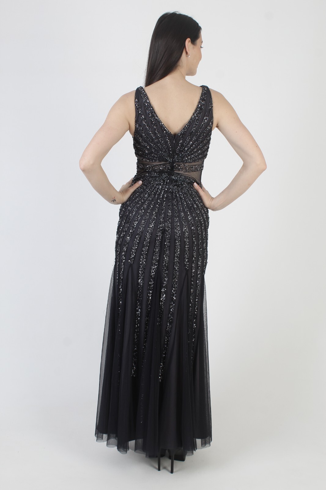 Adrianna Papell Beaded Dress Vtg Y2K Navy Prom Gown Long 2000s Evening Maxi Sz 2