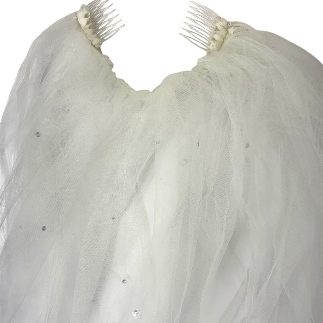 Vintage 90s Bridal Veil Train White Tulle Rhinestone Headband Wedding 95″ Long