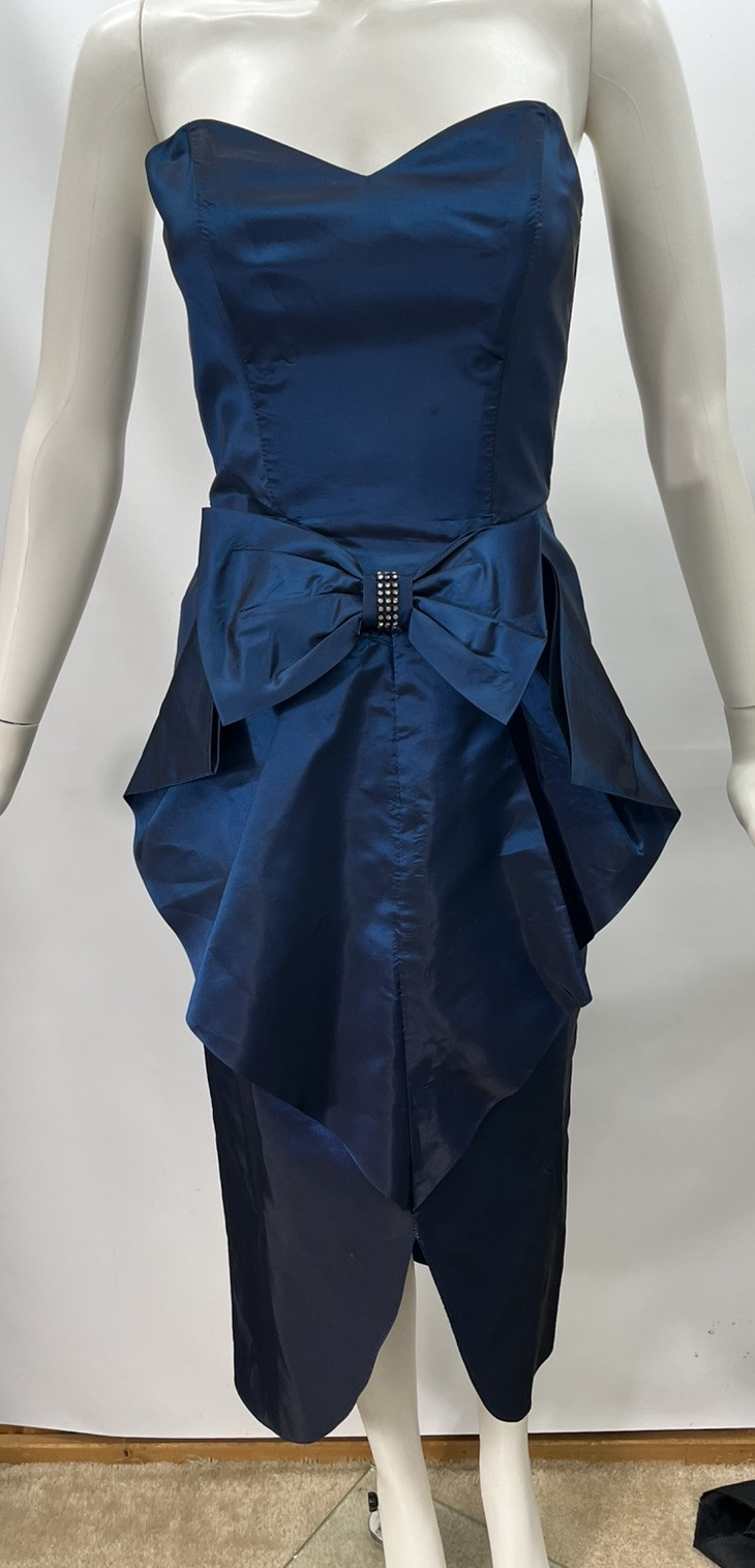 80s Vtg Roberta Party Dress Blue Iridescent Taffeta Bow Rhinestones Prom Wiggle