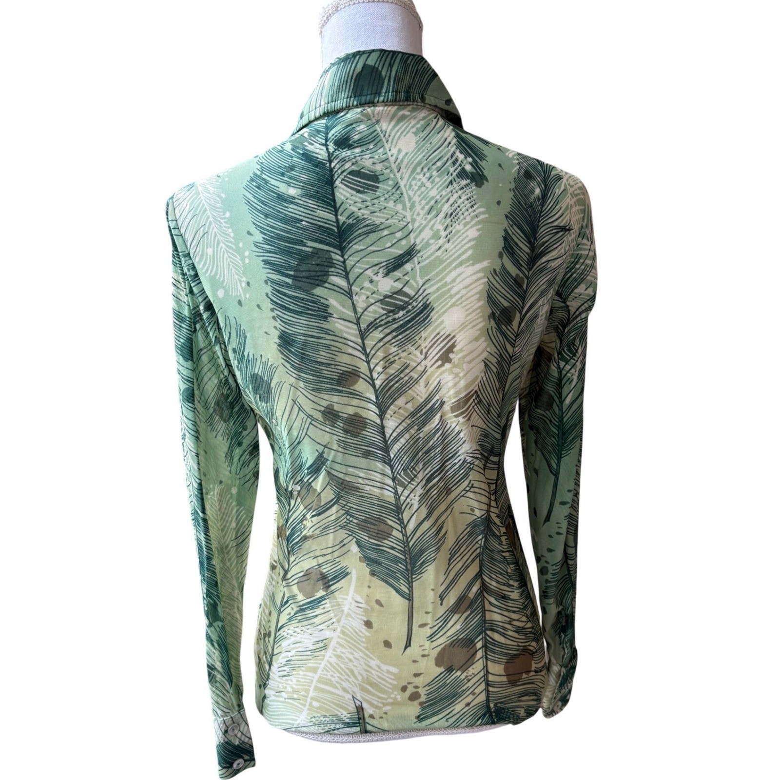 Vintage 70s Green Tropical Feather Print Button Down Shirt Small 11/12