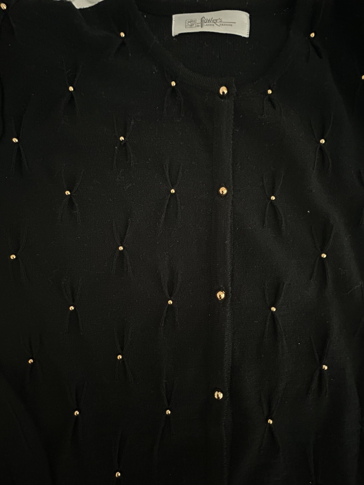 Vintage 1980’s Black Gold Button & Beads Cardigan Padded Shoulders Size Sm EUC