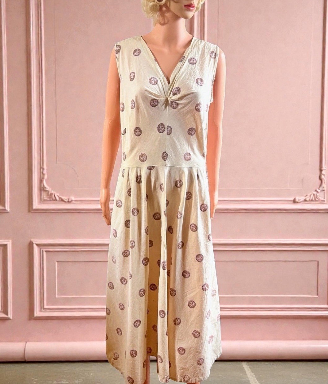VTG 1953 Prentiss Lane Dress 50s Novelty Coin Print Sleeveless Cotton Rare L 32w