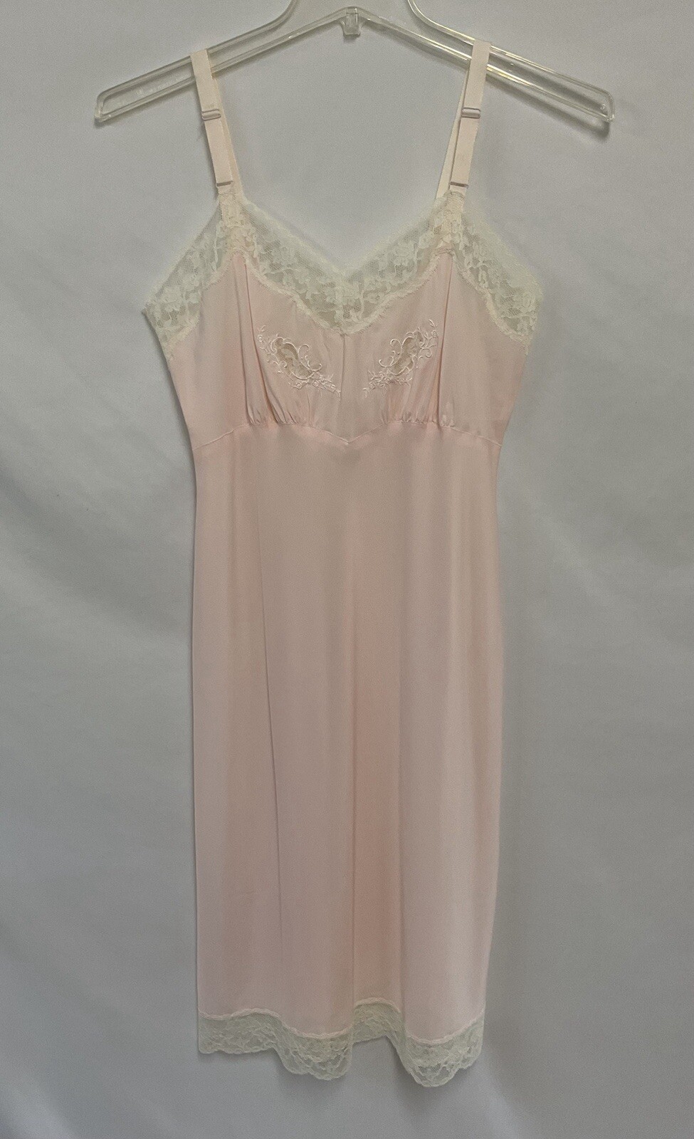 Vintage Barbizon 14 Pink Acclaim Full Slip Dress Crepe Remarque Lace Trim Insets