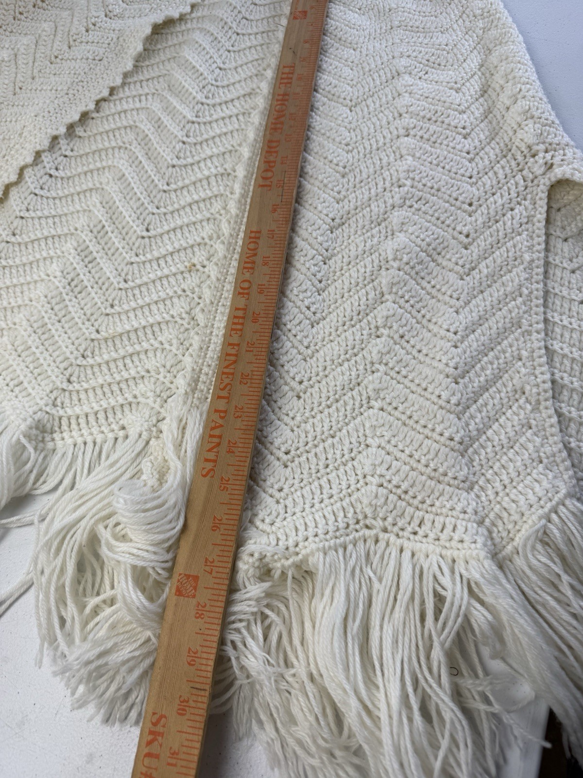 70s Vintage Crochet Off White Poncho Shawl Handmade Knit Wrap Boho Crocheted