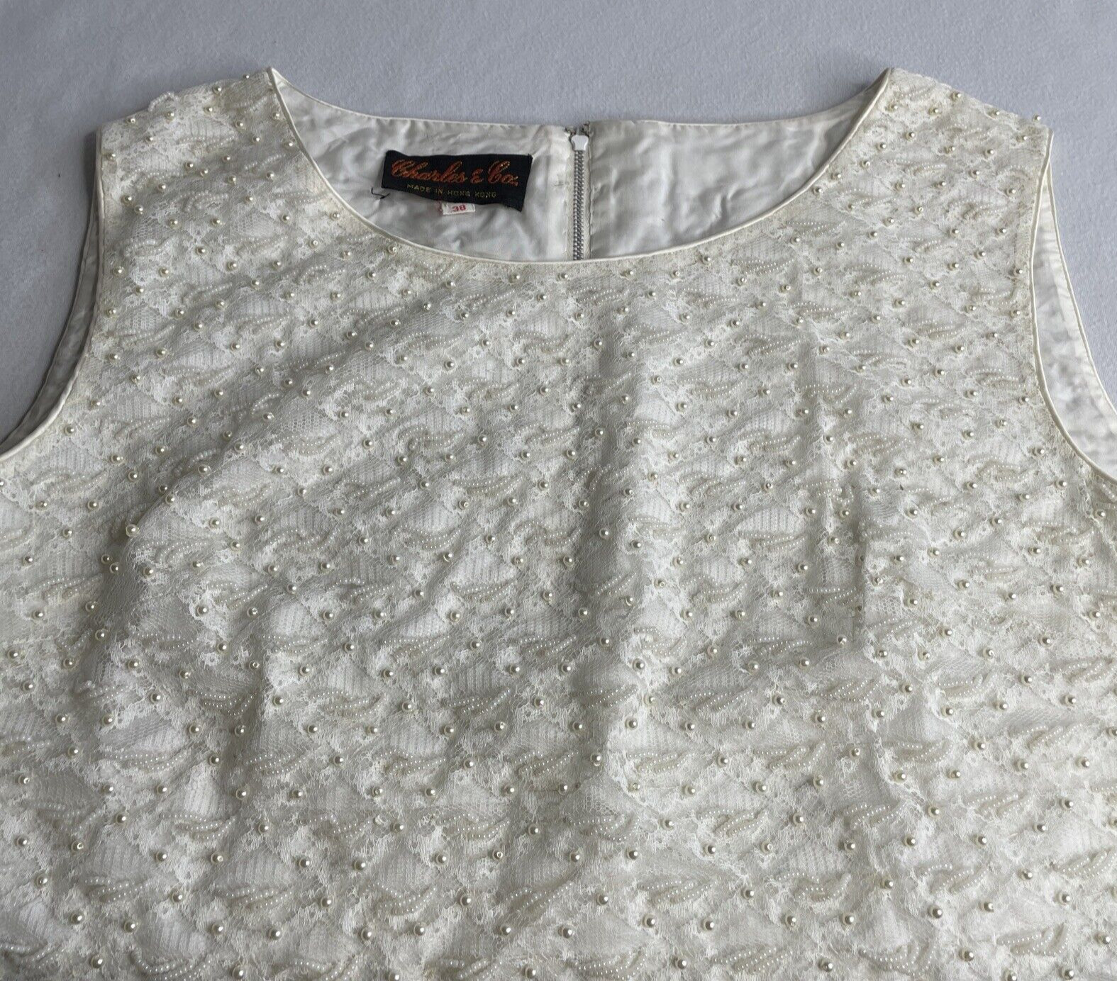 Vintage White Beaded Top 1960s Women’s 38 CHARLES & CO Sleeveless Shell Blouse