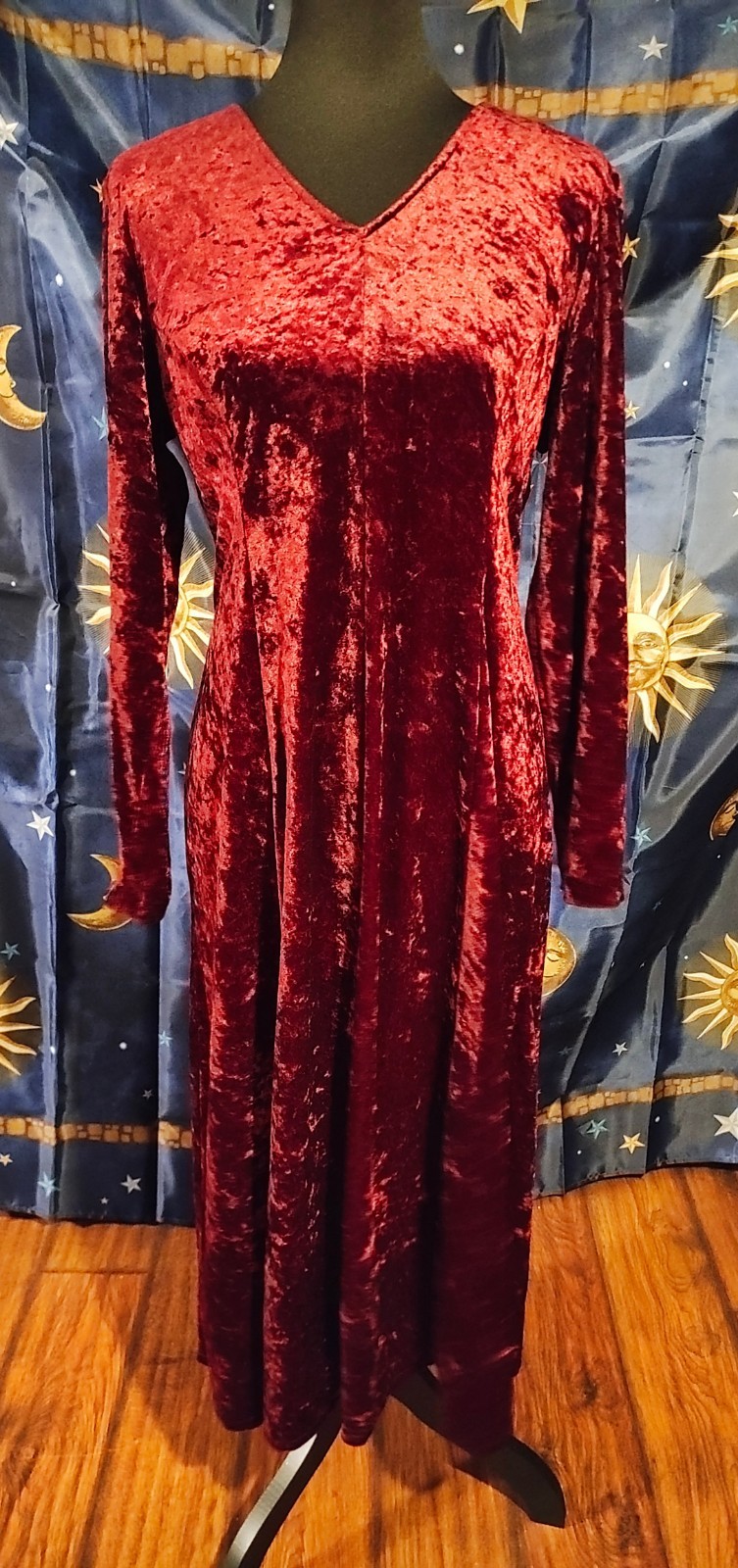 Vintage Burgundy Crushed Velvet Lace Up Maxi Dress Whimsigoth Witch Boho -12