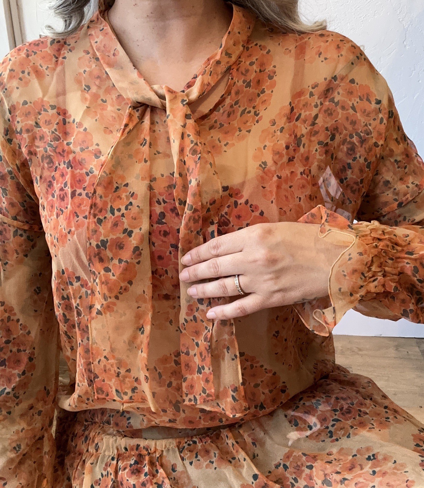 20s 30s Vintage Sheer Drop Waist Chiffon Dress Large Floral antique