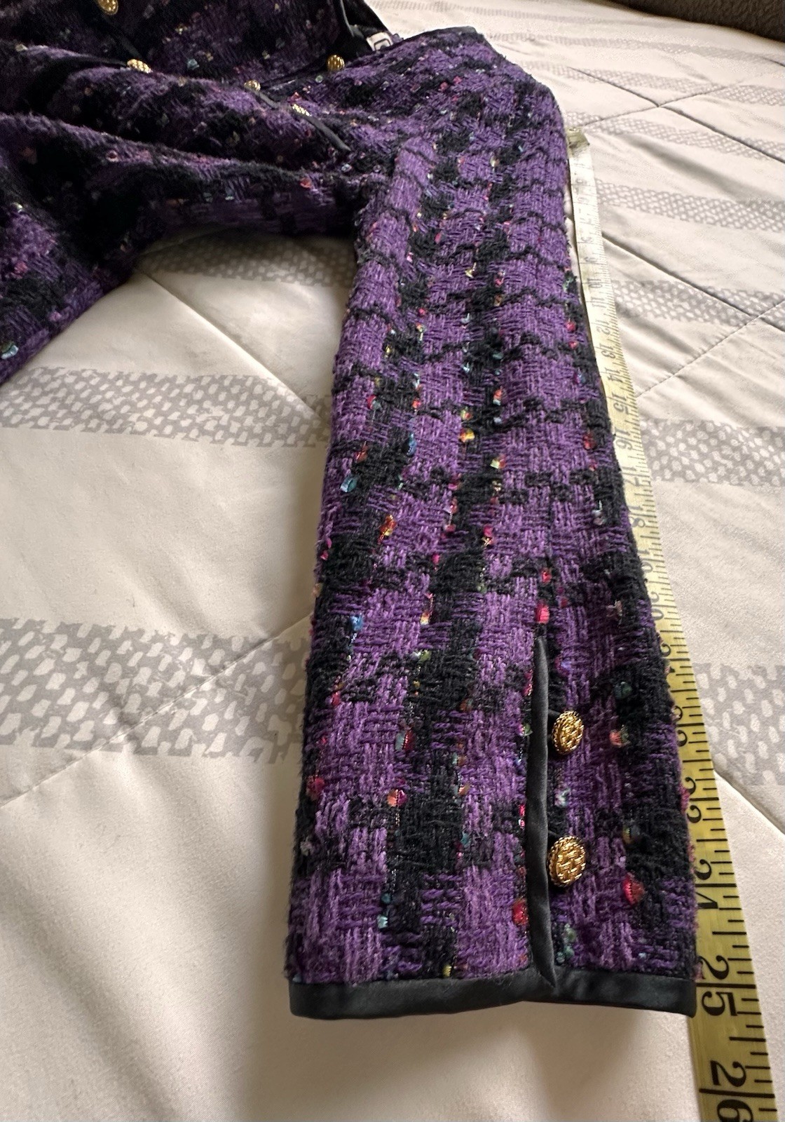 VTG CARLISLE Silk Tweed Blazer Jacket Purple Black Plaid Gold Buttons Size 6