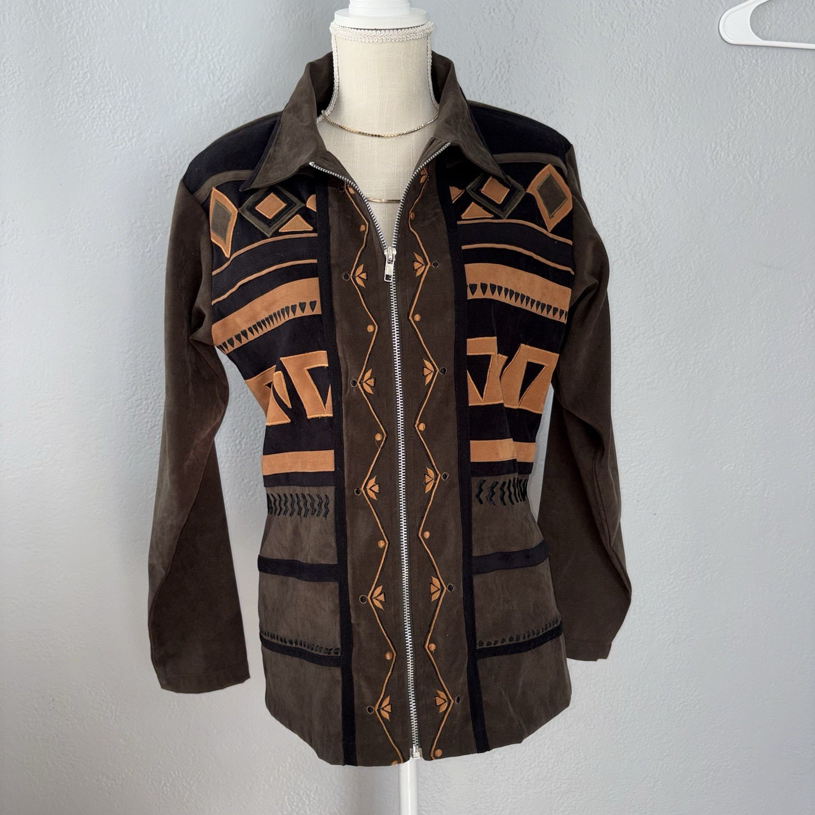 Vintage Noveau MondeGeometric Brown Western Style Jacket Size Medium
