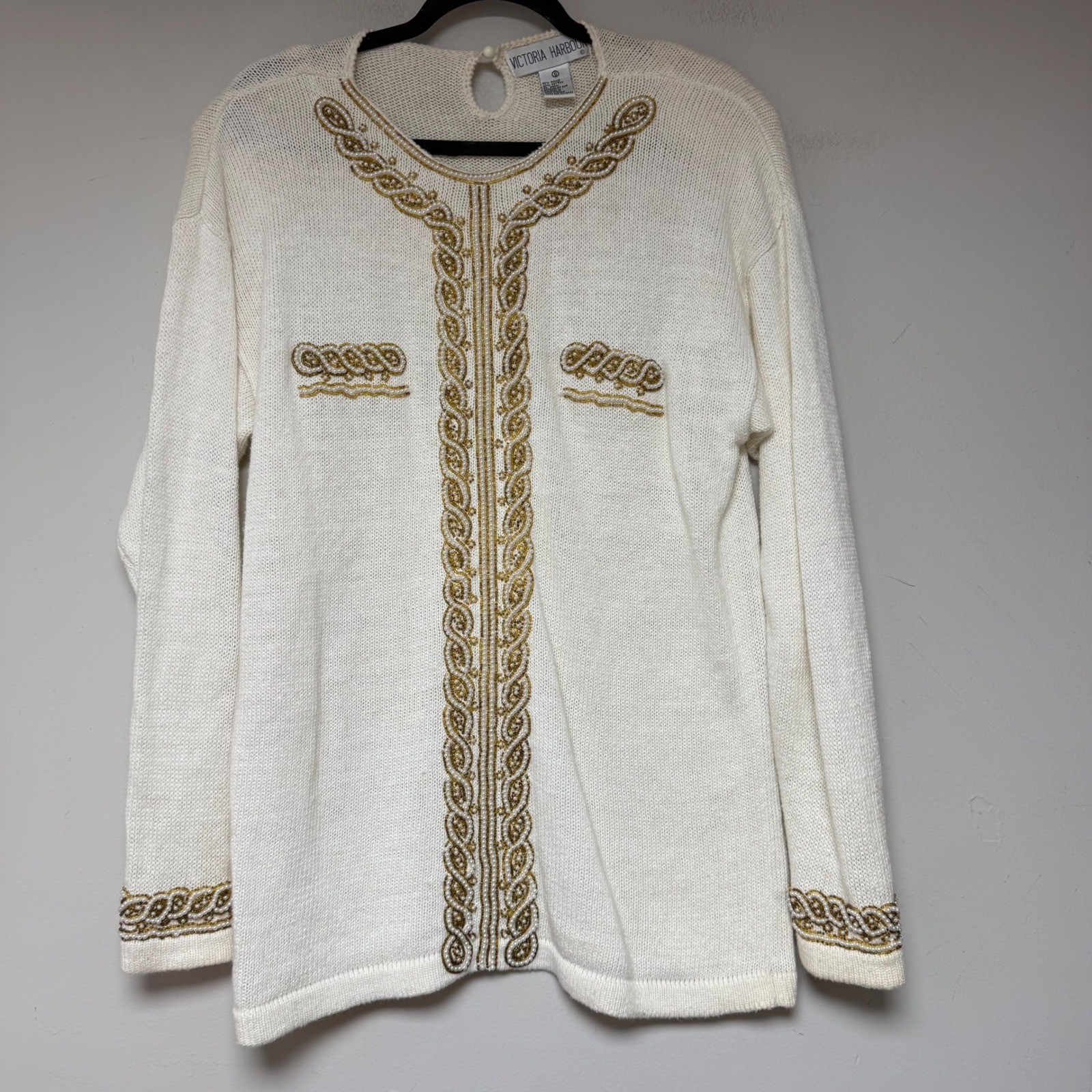 Victoria Harbour Vintage Beaded Sweater Cream Gold Pearl Ramie Cotton Small
