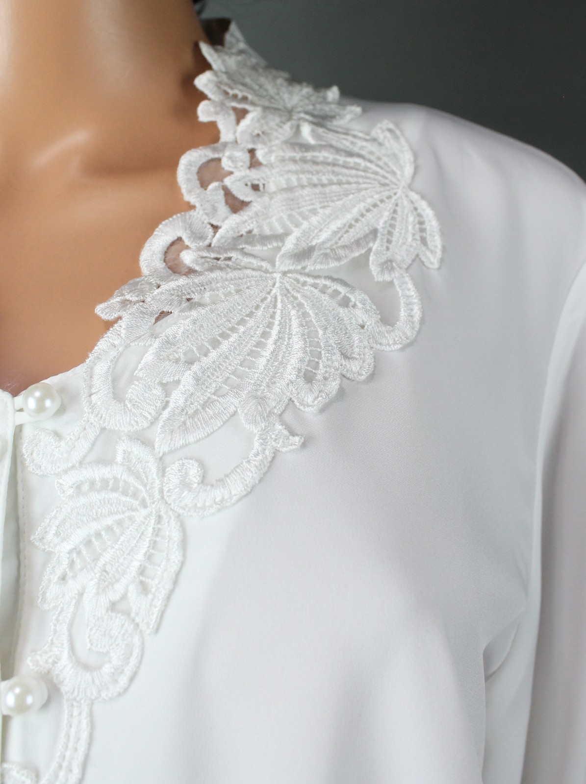 V Neck Blouse Sz 16 XL Vintage 90s White Peal Button Lace Accent Dress Shirt