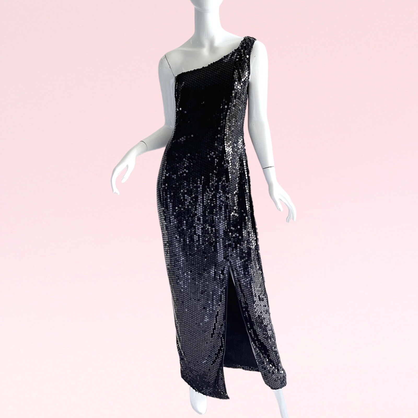 1980s Vintage Sequin One Shoulder Disco Glam Party Evening Gown Medium