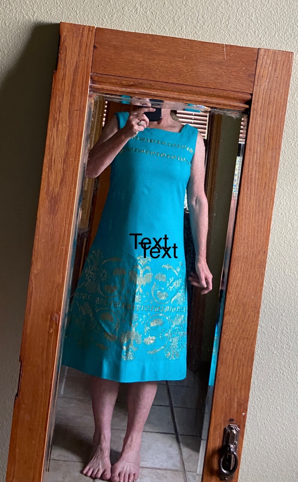 Vintage 60’s Turquoise Mod Shift Dress, Women’s 8-10 Gold embroidery GoGo