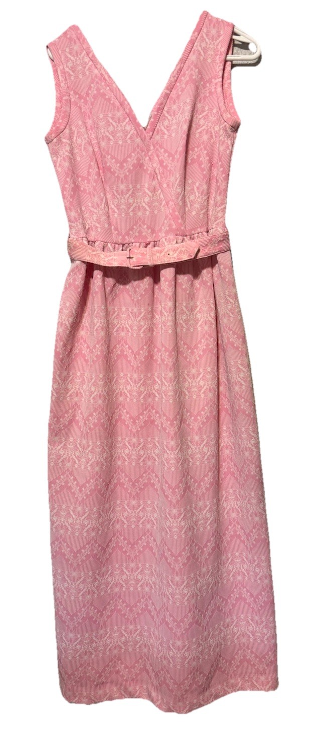 Vintage Women’s Toni Todd Pink Textured Sleeveless Formal Maxi Dress With Belt