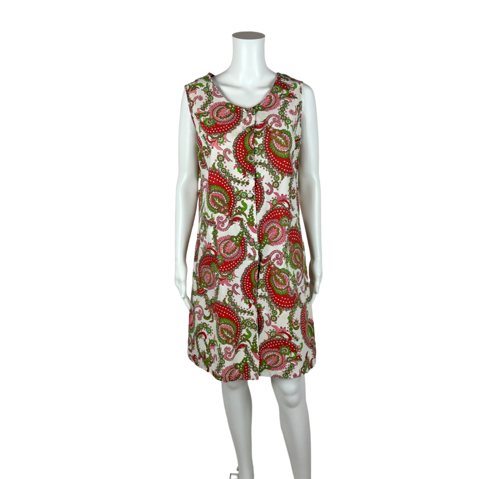 Vintage 60s Paisley Dress Women’s Medium Pink Red Heart Print Shift Boho