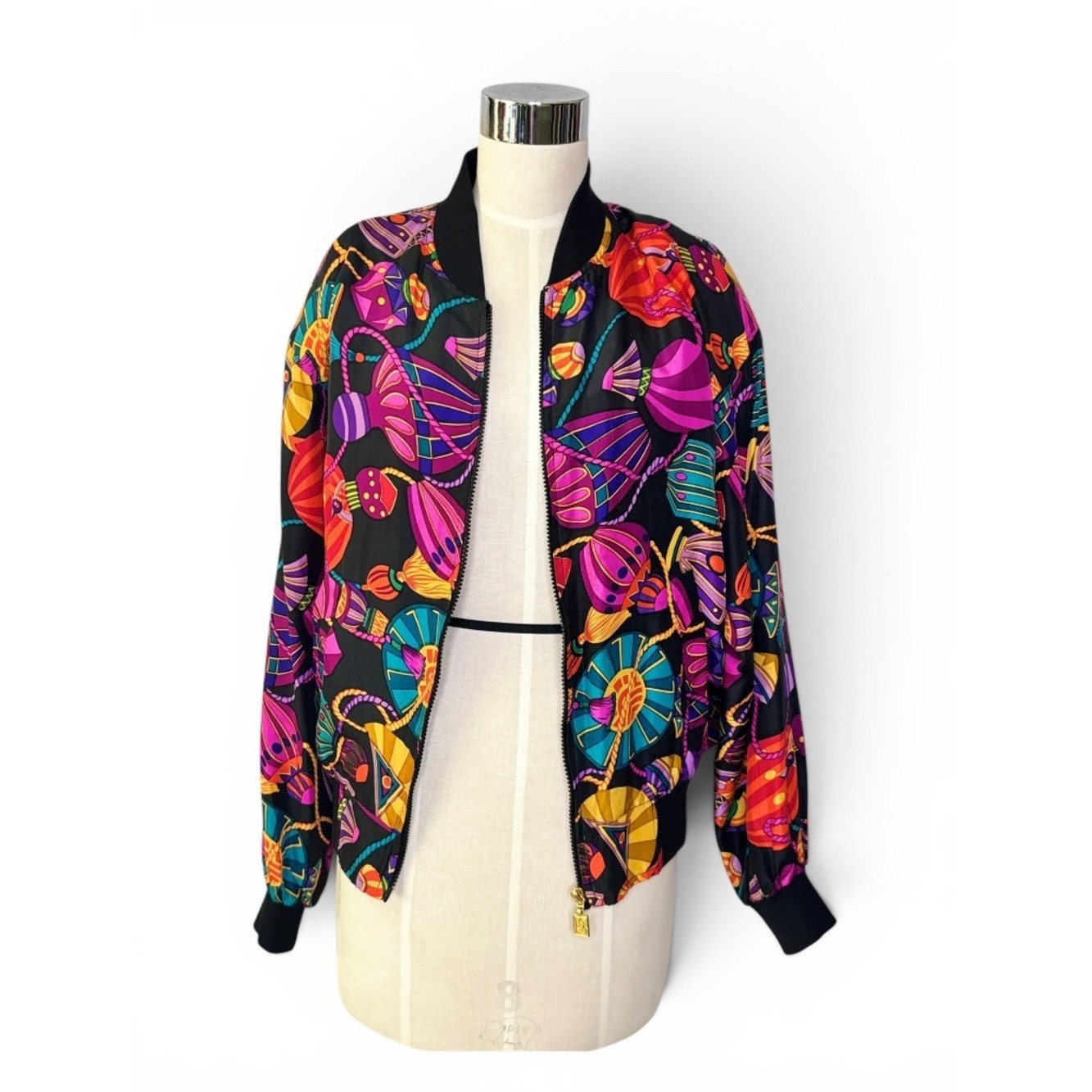 Vintage Petite Sophisticate Silk Jewel Tone 80’s Bomber Jacket Statement Print S